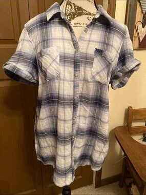WESTPORT 1962 Plaid & Lace Trim Short Sleeve Button Up Shirt/Top EUC